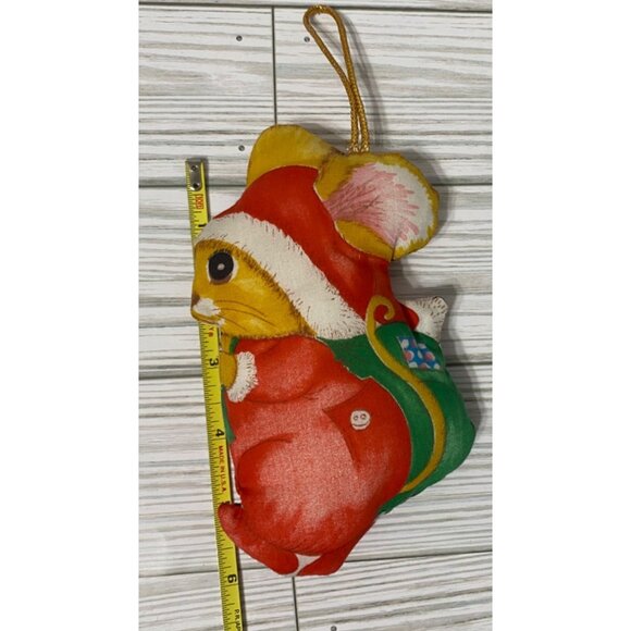 Vintage Fabric Mouse Christmas Ornament With Santa Hat & Gift Bag 6" - Picture 4 of 4